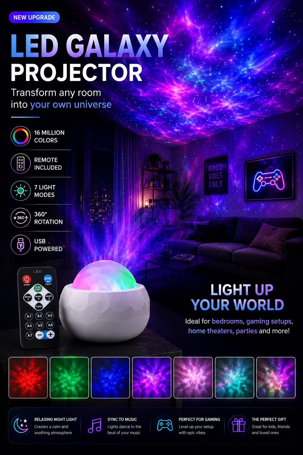 Galaxy Star Projector – Aurora LED Night Light for Bedroom Aesthetic