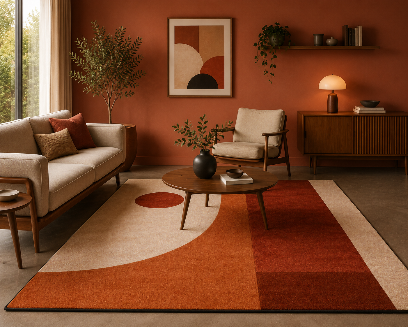 Terracotta Geometric Area Rug – Boho Mid-Century Bedroom Rug