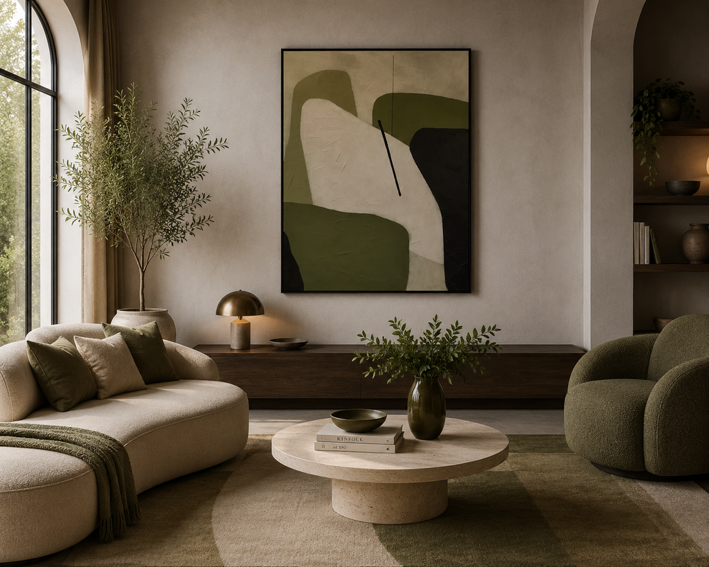 Sage Green Abstract Canvas Wall Art – Boho Minimalist Room Decor