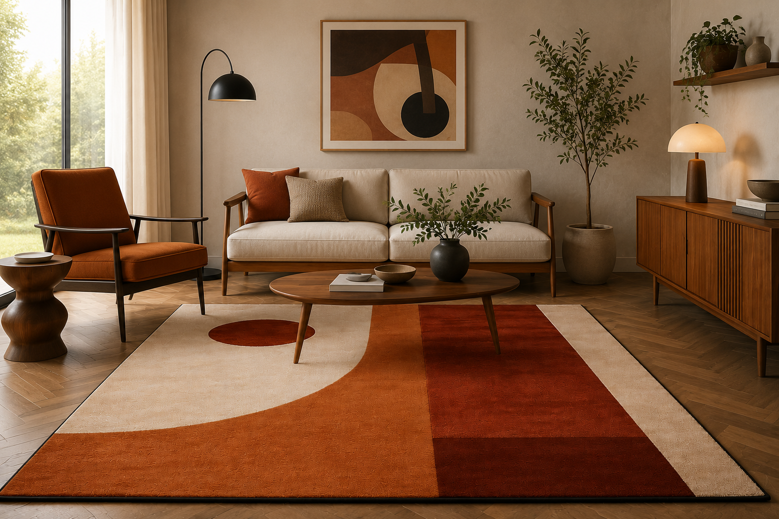 Terracotta Geometric Area Rug – Boho Mid-Century Bedroom Rug